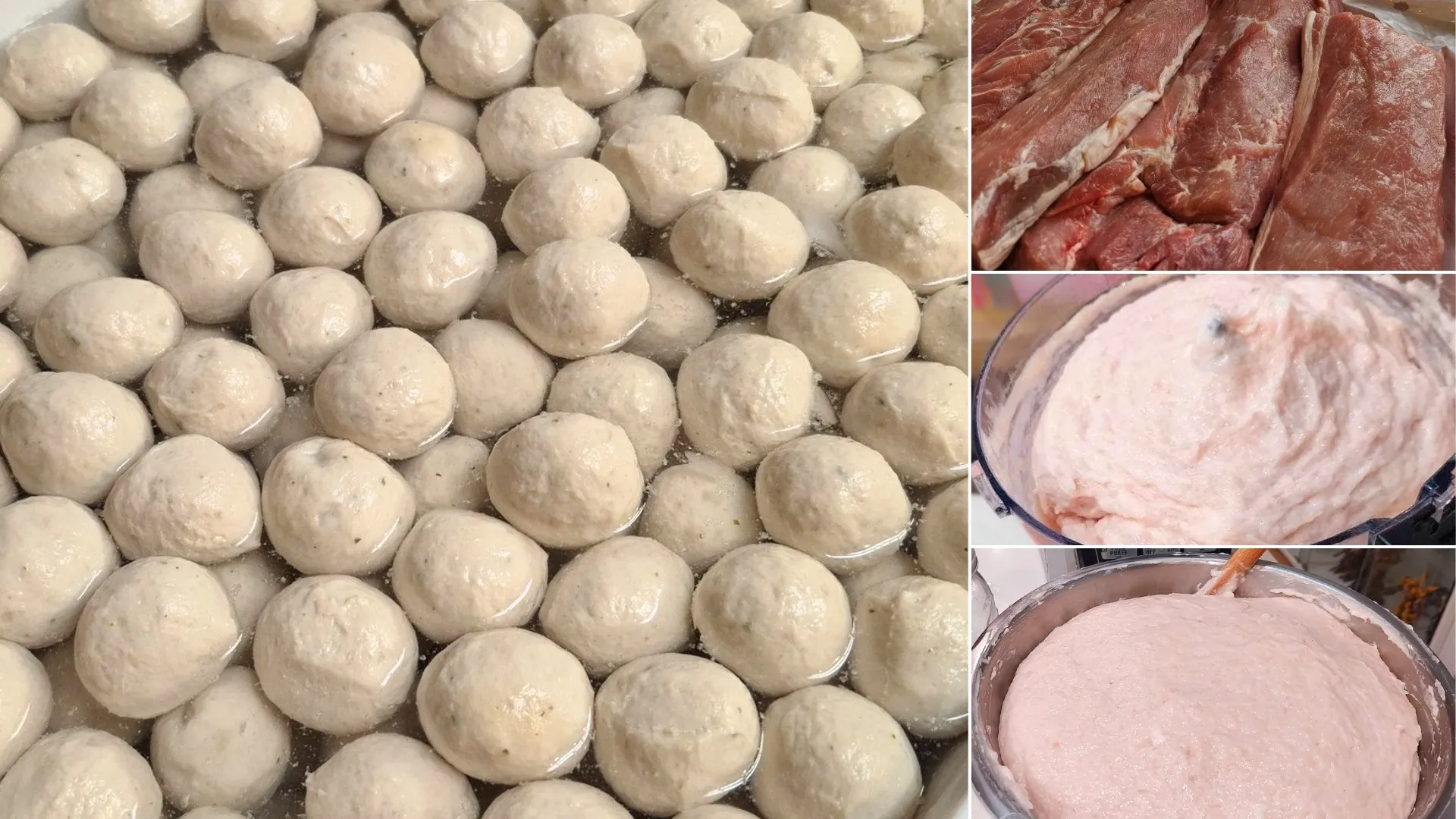 สูตรลูกชิ้นหมูโฮมเมด แสดงลูกชิ้นหมูดิบก่อนต้ม และลูกชิ้นหมูที่ต้มสุกแล้วน่ารับประทาน