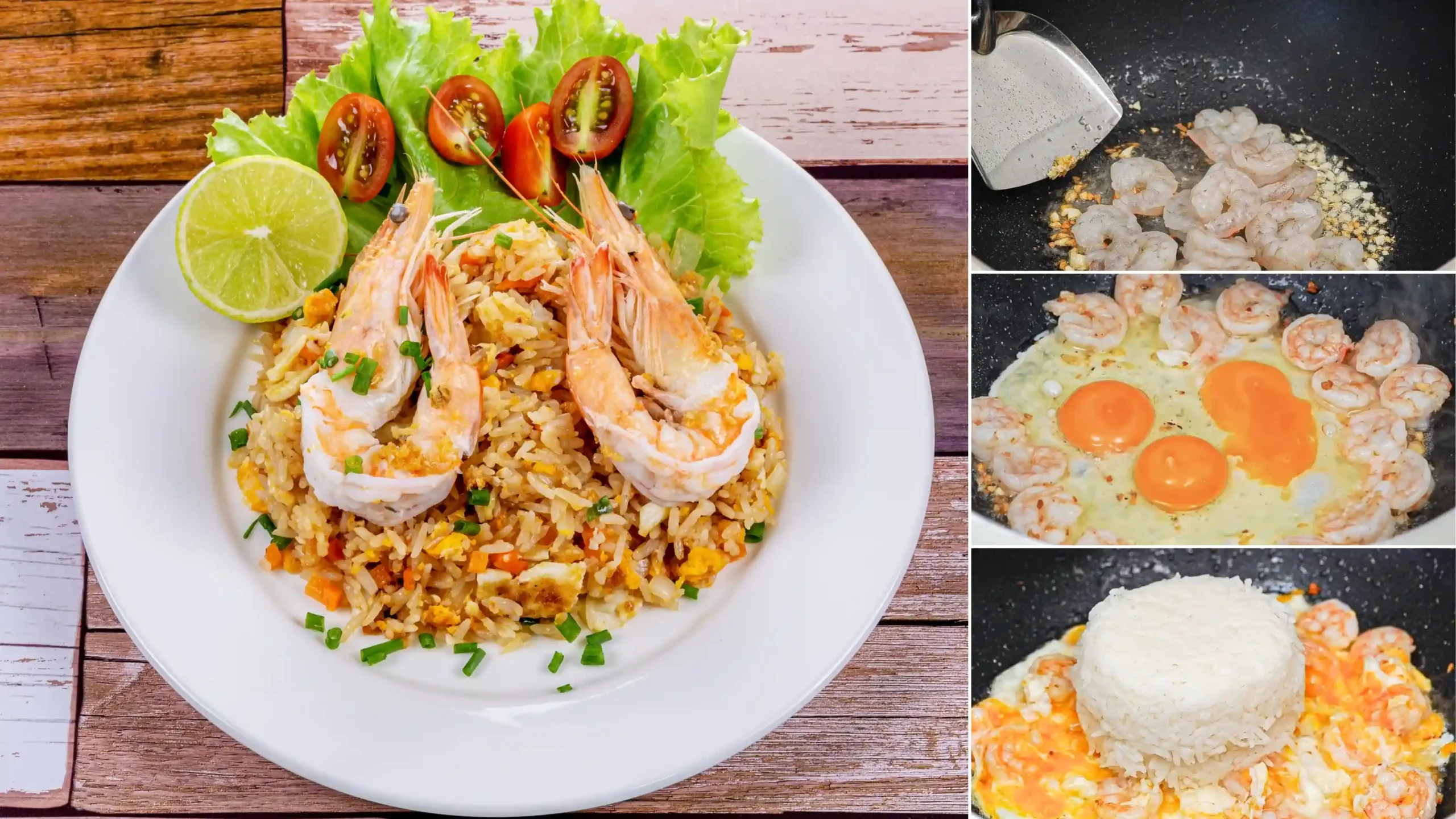 ข้าวผัดกุ้ง พร้อมเครื่องเคียงในจาน และภาพประกอบขั้นตอนการผัดข้าวผัดกุ้งในกระทะ 3 ขั้นตอน