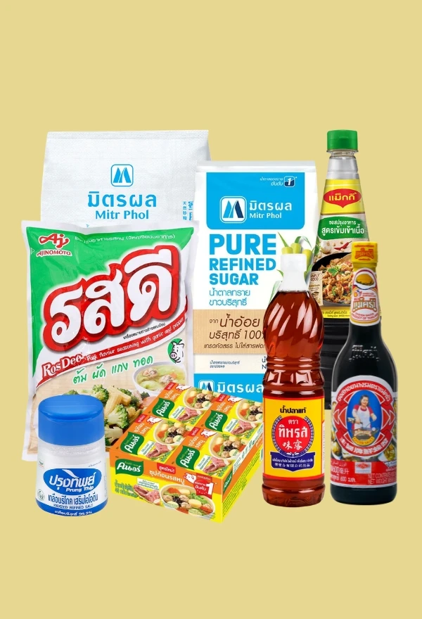 หมวดหมู่เครื่องปรุงรส ของร้านครัวเจ๋ง ช้อปเดลิเวอรี่ เช่น น้ำปลา, ซีอิ๊ว, น้ำตาล, เกลือ, ผงปรุงรส