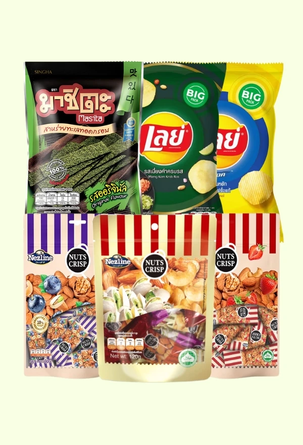ขนมขบเคี้ยวยี่ห้อต่างๆ วางรวมกันสำหรับ หมวดหมู่สินค้าครัวเจ๋ง