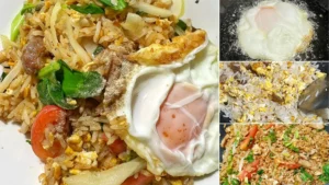 ข้าวผัดหมูใส่ไข่และผักคะน้า เสิร์ฟพร้อมมะนาวและแตงกวา