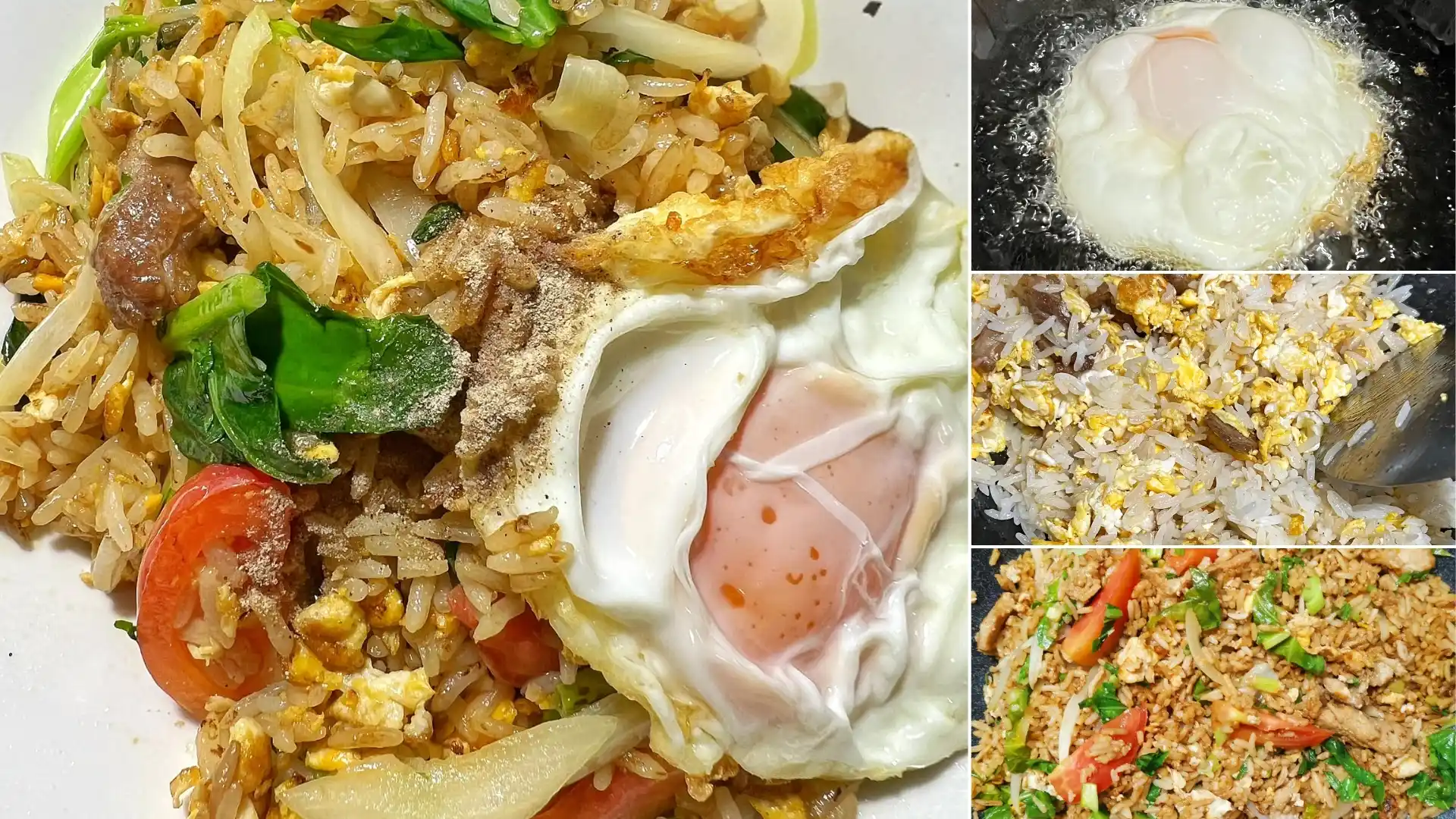 ข้าวผัดหมูใส่ไข่และผักคะน้า เสิร์ฟพร้อมมะนาวและแตงกวา