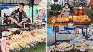 ร้านหม่าล่า มะหรั่งเมกันหัวใจหม่าล่า ดอยเขาควาย แสดงภาพเจ้าของร้านกำลังปิ้งหม่าล่า, ลูกค้ากำลังเลือกหม่าล่า, และหม่าล่าที่ปิ้งเสร็จแล้วในถาด
